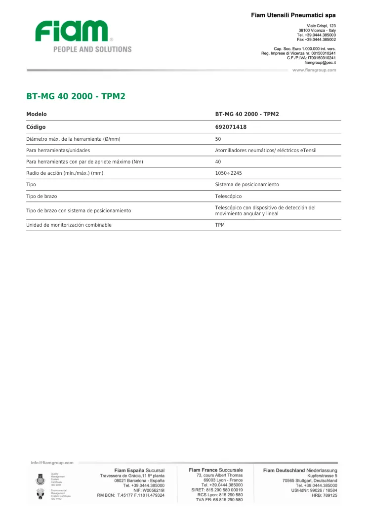 Ficha técnica · BT-MG 40 2000 - TPM2 · BT-MG 40 2000 - TPM2