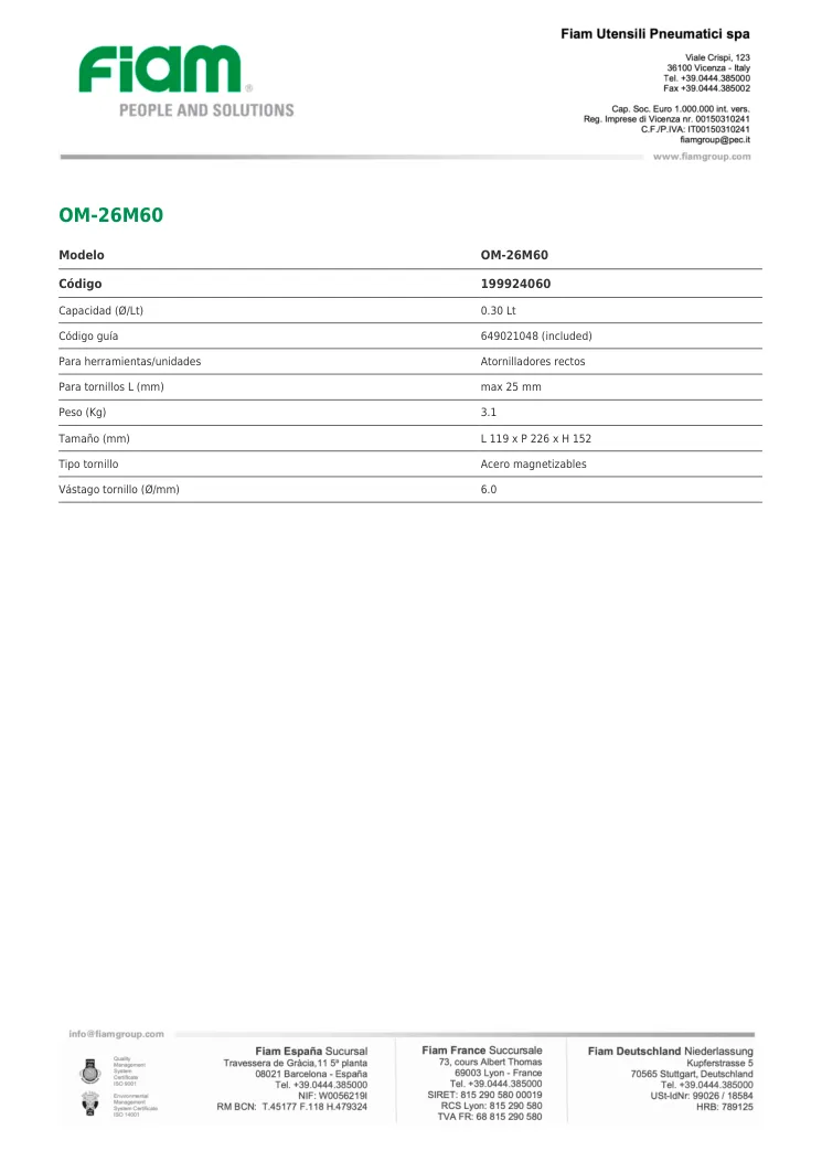 Ficha técnica · OM-26M60 · OM-26M60