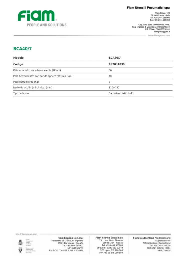 Ficha técnica · BCA40/7 · BCA40/7