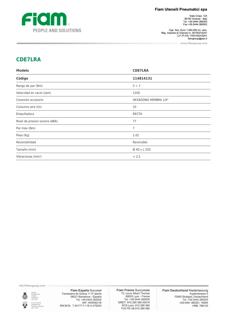 Ficha técnica · CDE7LRA · CDE7LRA