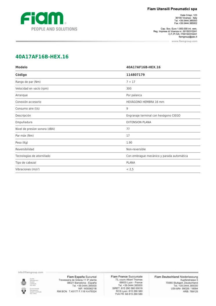Ficha técnica · 40A17AF16B-HEX.16 · 40A17AF16B-HEX.16
