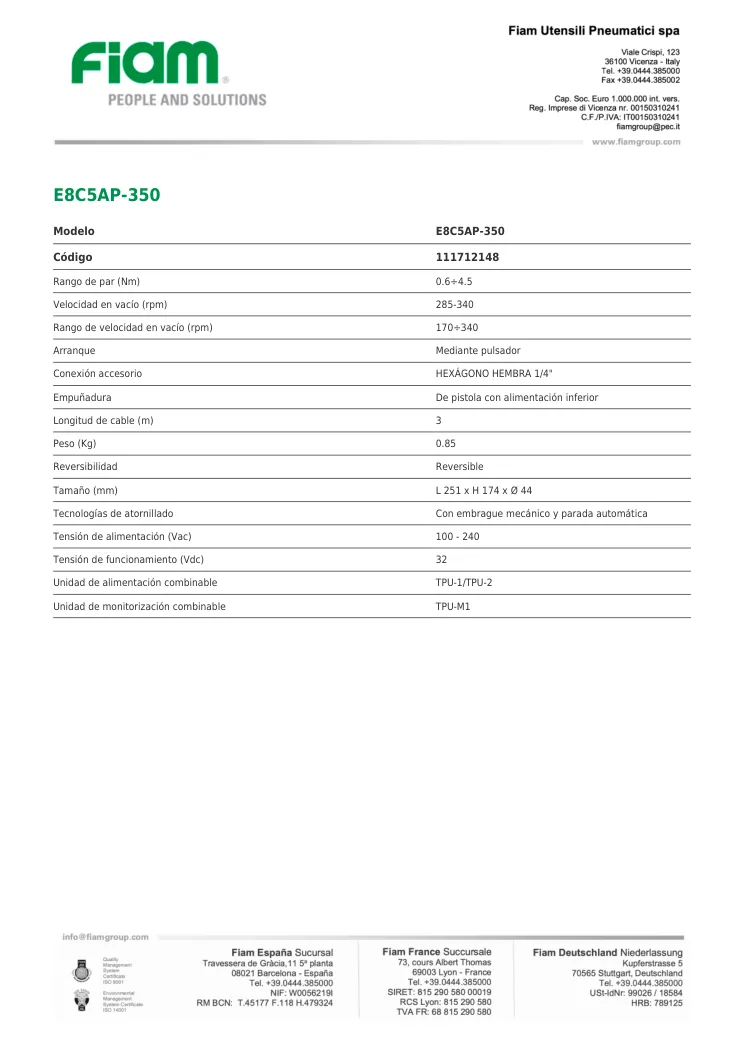 Ficha técnica · E8C5AP-350 · E8C5AP-350