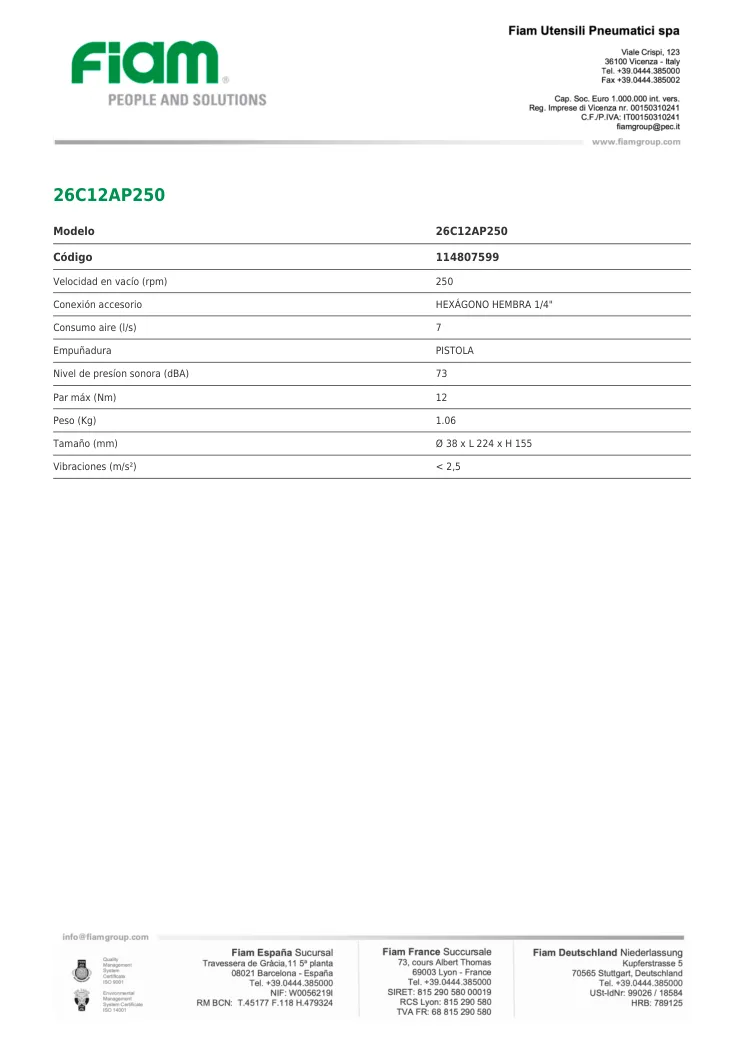 Ficha técnica · 26C12AP250 · 26C12AP250
