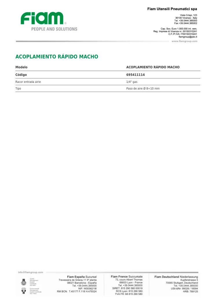 Ficha técnica · ACOPLAMIENTO RÁPIDO MACHO · ACOPLAMIENTO RÁPIDO MACHO