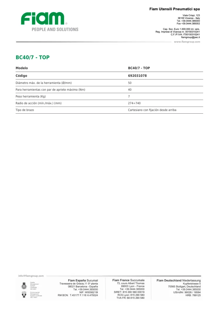 Ficha técnica · BC40/7 - TOP · BC40/7 - TOP