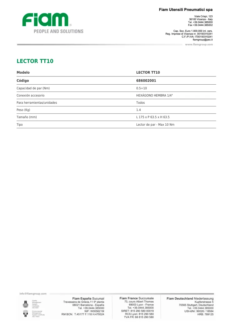 Ficha técnica · LECTOR TT10 · LECTOR TT10