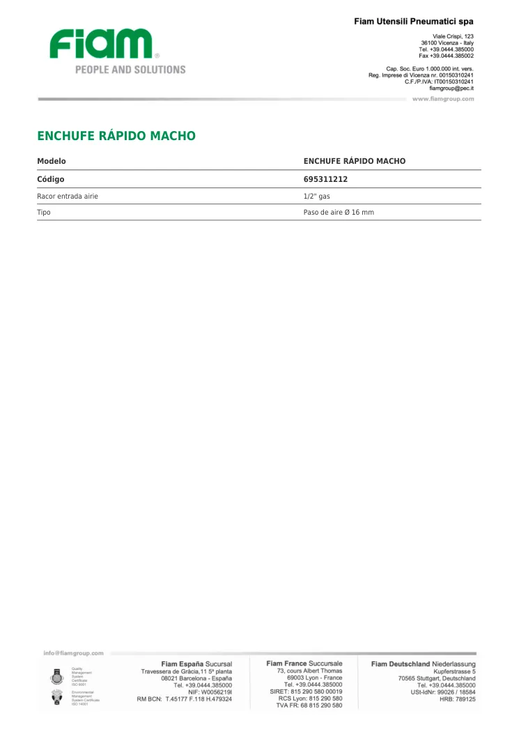Ficha técnica · ENCHUFE RÁPIDO MACHO · ENCHUFE RÁPIDO MACHO