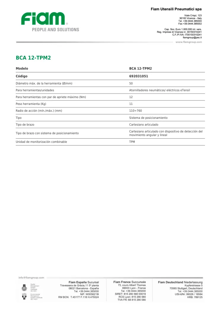 Ficha técnica · BCA 12-TPM2 · BCA 12-TPM2