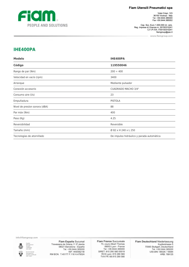 Ficha técnica · IHE400PA · IHE400PA
