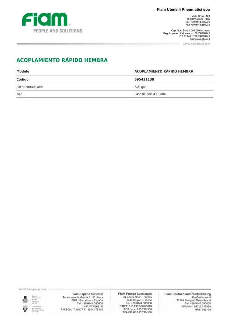 Ficha técnica · ACOPLAMIENTO RÁPIDO HEMBRA · ACOPLAMIENTO RÁPIDO HEMBRA