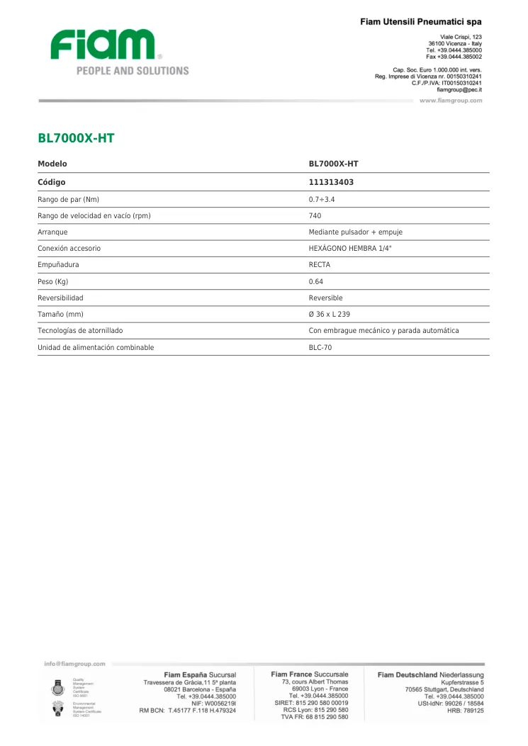 Ficha técnica · BL7000X-HT · BL7000X-HT