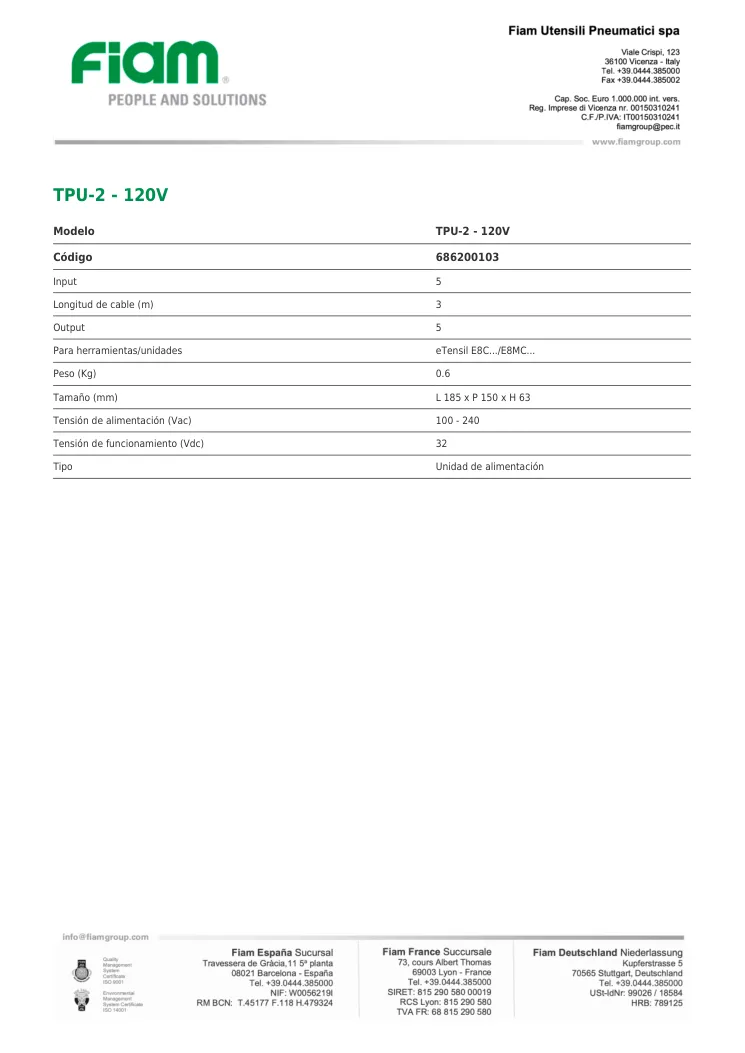 Ficha técnica · TPU-2 - 120V · TPU-2 - 120V
