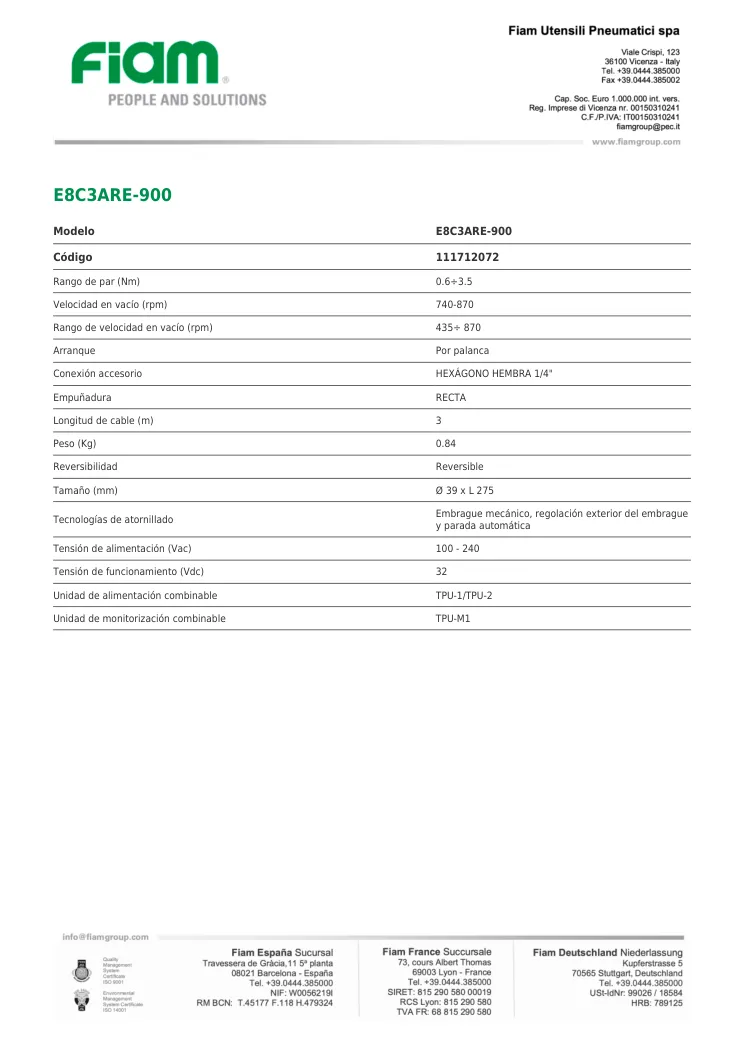 Ficha técnica · E8C3ARE-900 · E8C3ARE-900