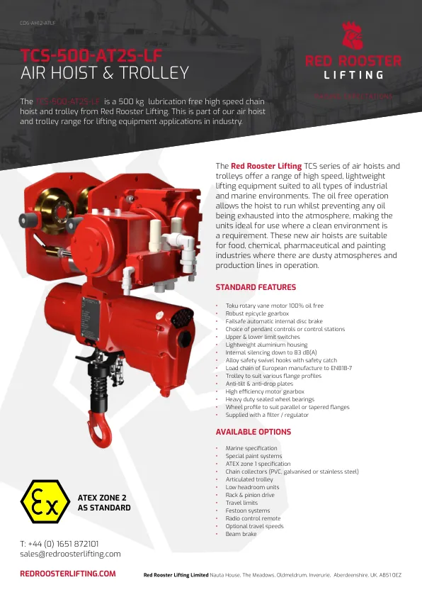 RED ROOSTER LIFTING TCS-500-AT2S-LF Lubrication Free Air Hoist & Trolley — Carros y conjuntos de elevación · neumático