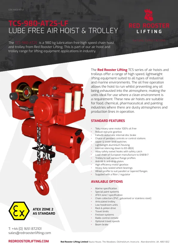 RED ROOSTER LIFTING TCS-980-AT2S-LF Lubrication Free Air Hoist & Trolley — Carros y conjuntos de elevación · neumático